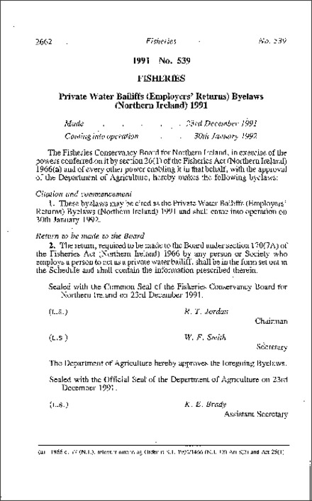 The Private Water Bailiffs (Employers' Returns) Byelaws (Northern Ireland) 1991