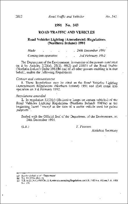 The Road Vehicles Lighting (Amendment) Regulations (Northern Ireland) 1991