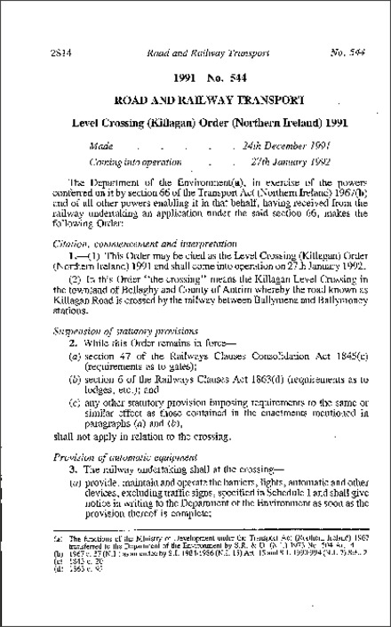 The Level Crossing (Killagan) Order (Northern Ireland) 1991