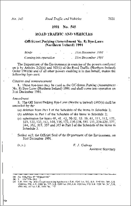 The Off-Street Parking (Amendment No. 8) Bye-laws (Northern Ireland) 1991