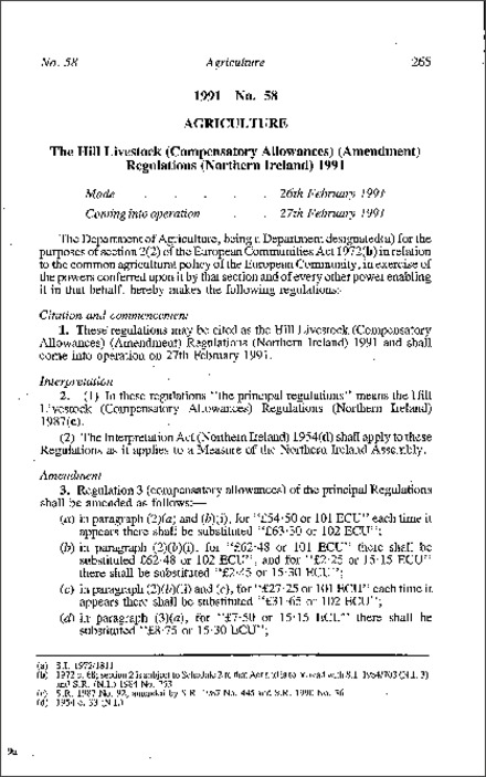 The Hill Livestock (Compensatory Allowances) (Amendment) Regulations (Northern Ireland) 1991