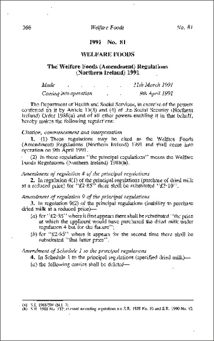 The Welfare Foods (Amendment) Regulations (Northern Ireland) 1991
