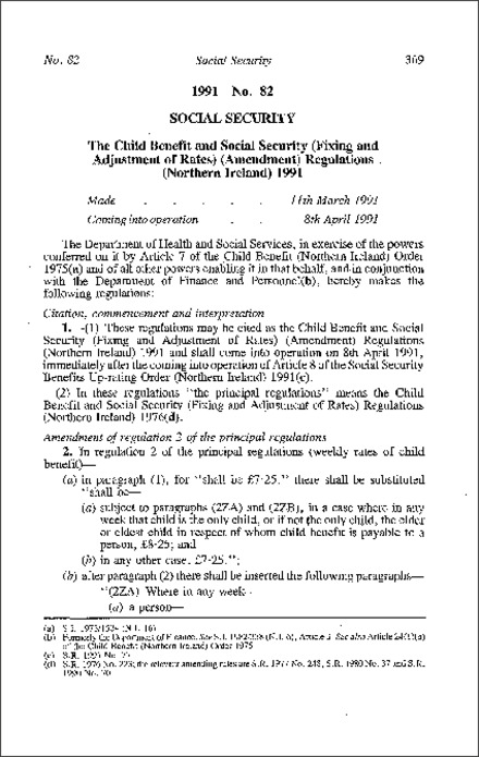 The Child Benefit and Social Security (Fixing and Adjustment of Rates) (Amendment) Regulations (Northern Ireland) 1991