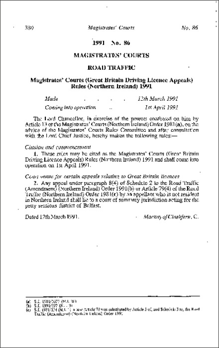 The Magistrates Courts (Great Britain Driving Licence Appeals) Rules (Northern Ireland) 1991
