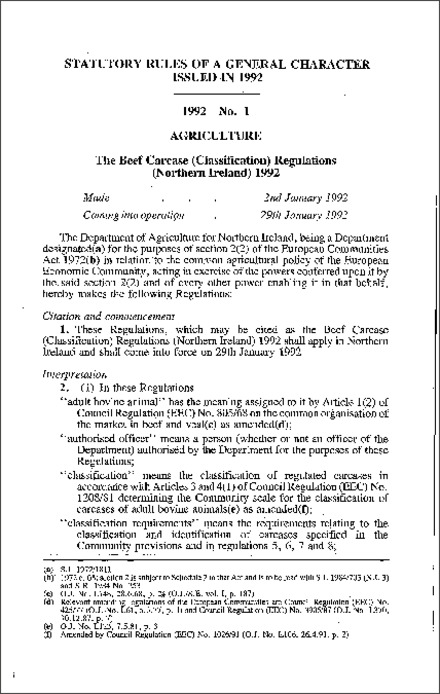 The Beef Carcase (Classification) Regulations (Northern Ireland) 1992