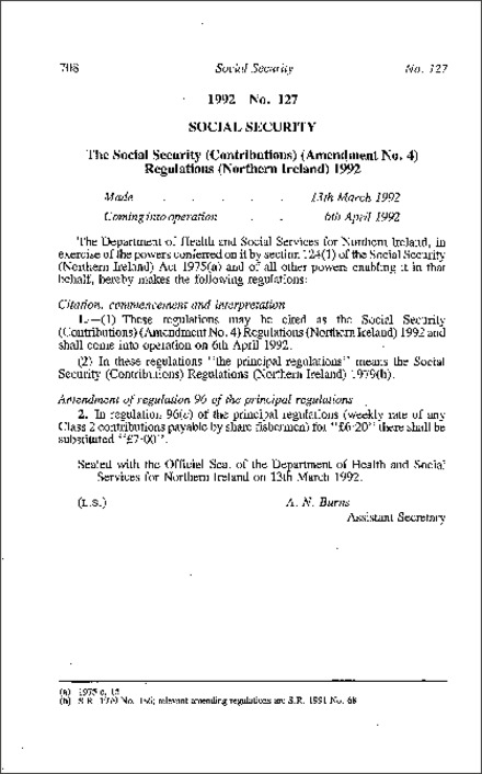 The Social Security (Contributions) (Amendment No. 4) Regulations (Northern Ireland) 1992