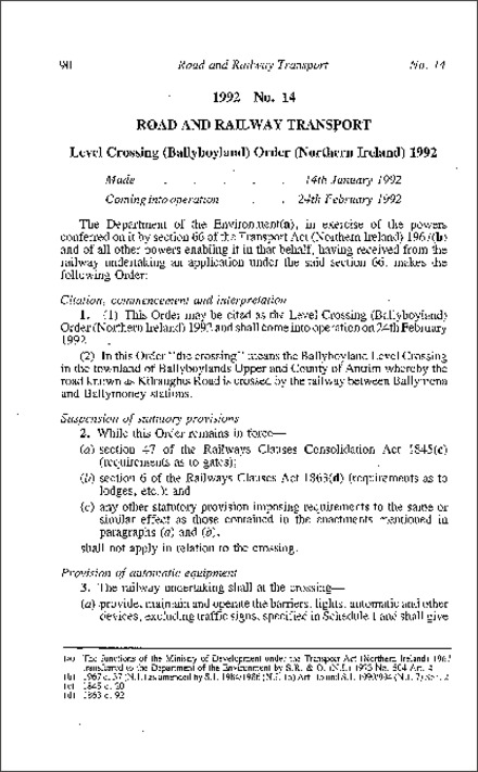 The Level Crossing (Ballyboyland) Order (Northern Ireland) 1992