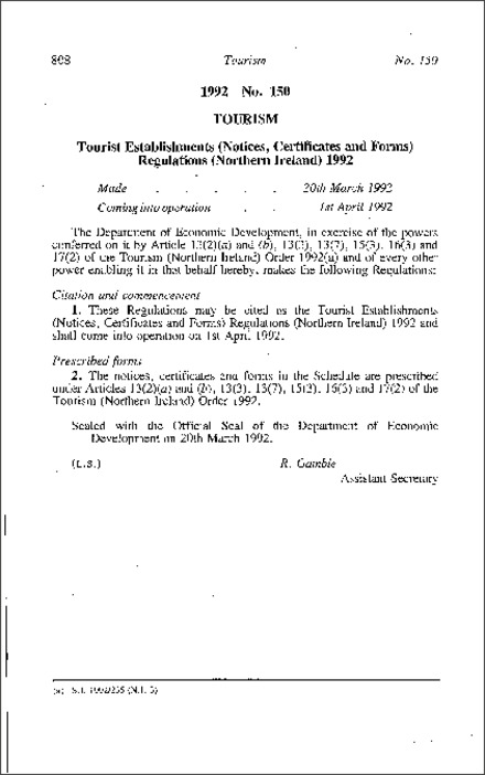 The Tourist Establishments (Notices, Certificates and Forms) Regulations (Northern Ireland) 1992
