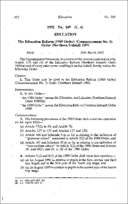 The Education Reform (1989 Order) (Commencement No. 5) Order (Northern Ireland) 1992