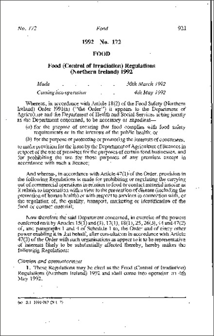 The Food (Control of Irradiation) Regulations (Northern Ireland) 1992