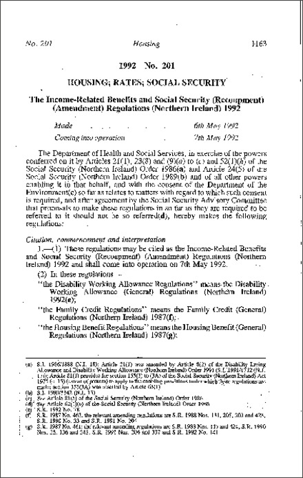 The Income-Related Benefits and Social Security (Recoupment) (Amendment) Regulations (Northern Ireland) 1992