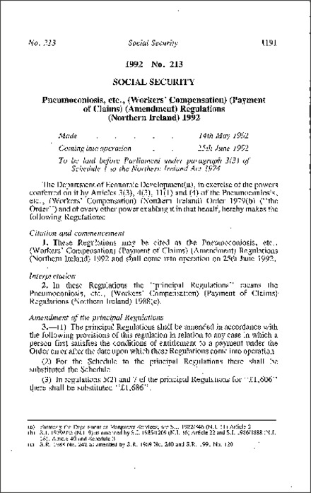 The Pneumoconiosis, etc. (Workers' Compensation) (Payment of Claims) (Amendment) Regulations (Northern Ireland) 1992