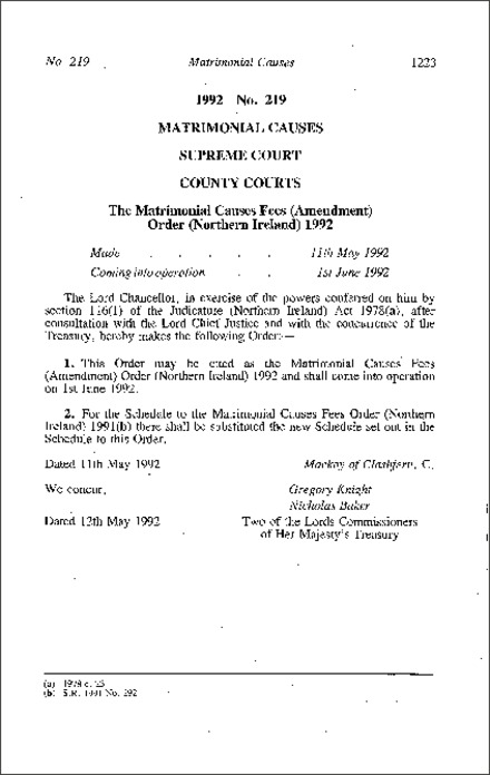 The Matrimonial Causes Fees (Amendment) Order (Northern Ireland) 1992