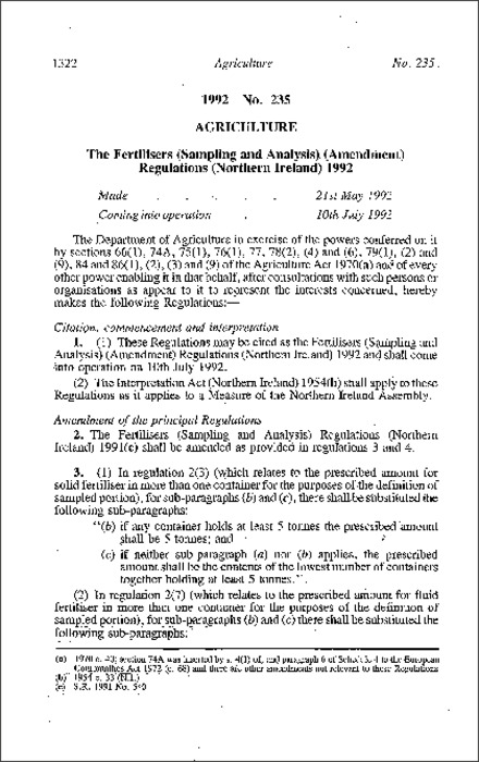 The Fertilisers (Sampling and Analysis) (Amendment) Regulations (Northern Ireland) 1992