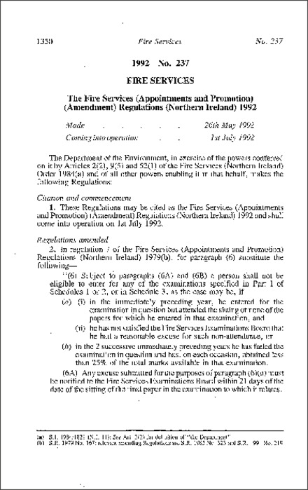 The Fire Services (Appointments and Promotion) (Amendment) Regulations (Northern Ireland) 1992
