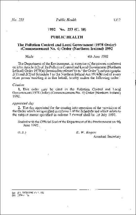 The Pollution Control and Local Government (1978 Order) (Commencement No. 4) Order (Northern Ireland) 1992