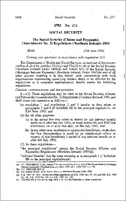 The Social Security (Claims and Payments) (Amendment No. 2) Regulations (Northern Ireland) 1992