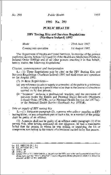 The HIV Testing Kits and Services Regulations (Northern Ireland) 1992