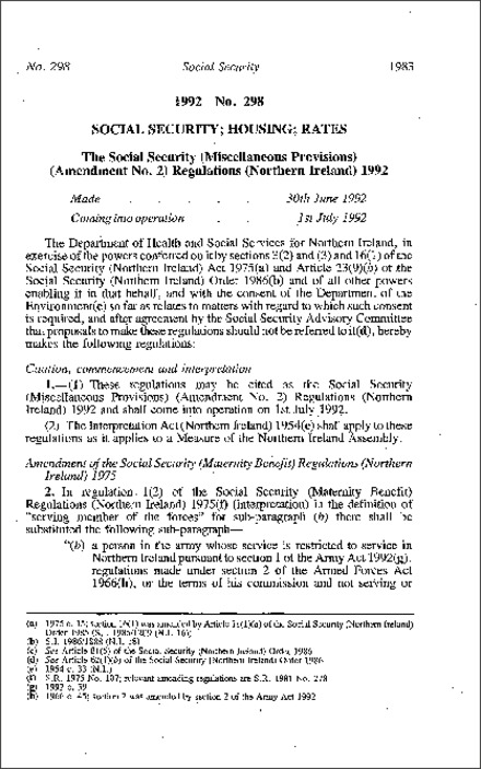 The Social Security (Miscellaneous Provisions) (Amendment No. 2) Regulations (Northern Ireland) 1992