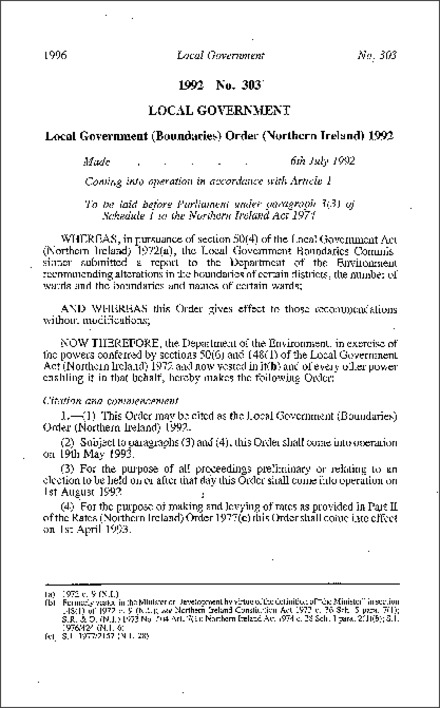 The Local Government (Boundaries) Order (Northern Ireland) 1992
