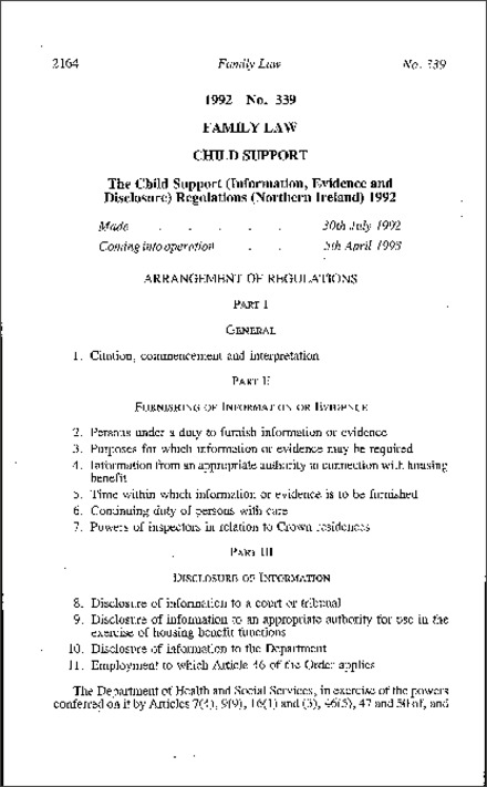 The Child Support (Information, Evidence and Disclosure) Regulations (Northern Ireland) 1992