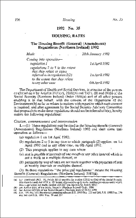 The Housing Benefit (General) (Amendment) Regulations (Northern Ireland) 1992