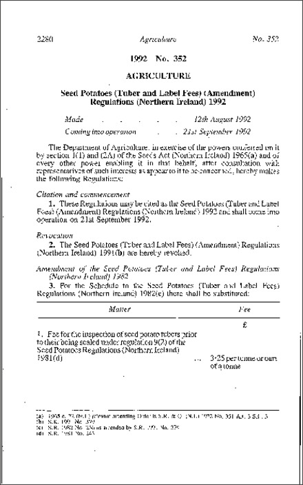 The Seed Potatoes (Tuber and Label Fees) (Amendment) Regulations (Northern Ireland) 1992