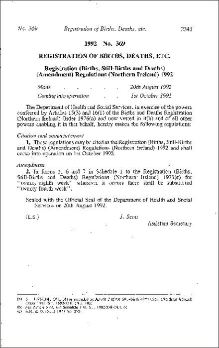 The Registration (Births, Still-Births and Deaths) (Amendment) Regulations (Northern Ireland) 1992