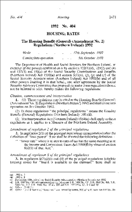 The Housing Benefits (General) (Amendment No. 2) Regulations (Northern Ireland) 1992