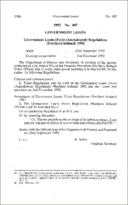 The Government Loans (Fees) (Amendment) Regulations (Northern Ireland) 1992