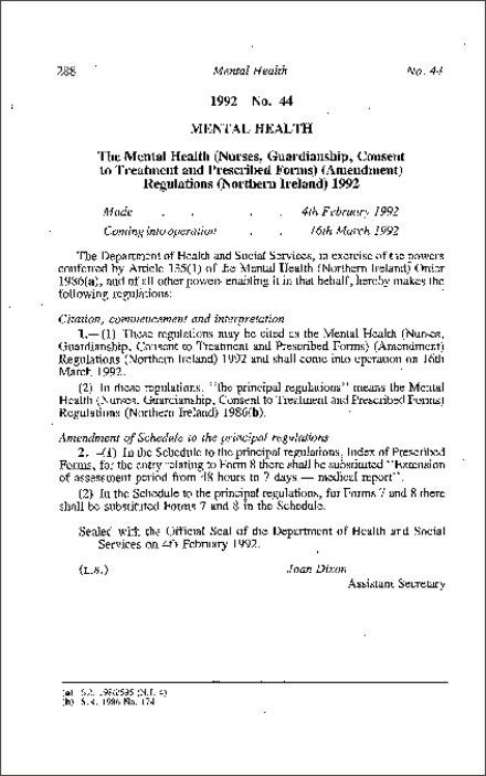 The Mental Health (Nurses, Guardianship, Consent to Treatment and Prescribed Forms) (Amendment) Regulations (Northern Ireland) 1992