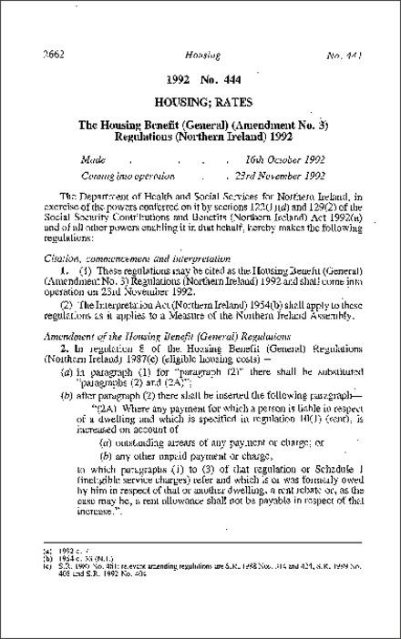 The Housing Benefit (General) (Amendment No. 3) Regulations (Northern Ireland) 1992