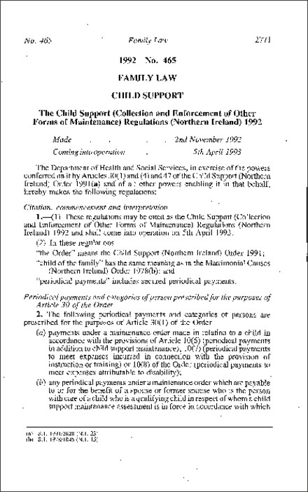 The Child Support (Collection and Enforcement of Other Forms of Maintenance) Regulations (Northern Ireland) 1992