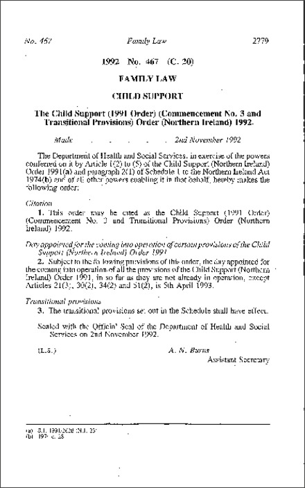 The Child Support (1991 Order) (Commencement No. 3 and Transitional Provisions) Order (Northern Ireland) 1992