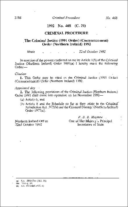The Criminal Justice (1991 Order) (Commencement) Order (Northern Ireland) 1992