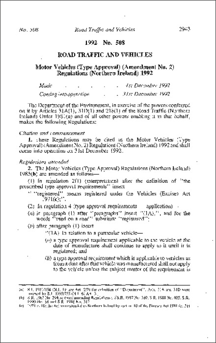 The Motor Vehicles (Type Approval) (Amendment No. 2) Regulations (Northern Ireland) 1992
