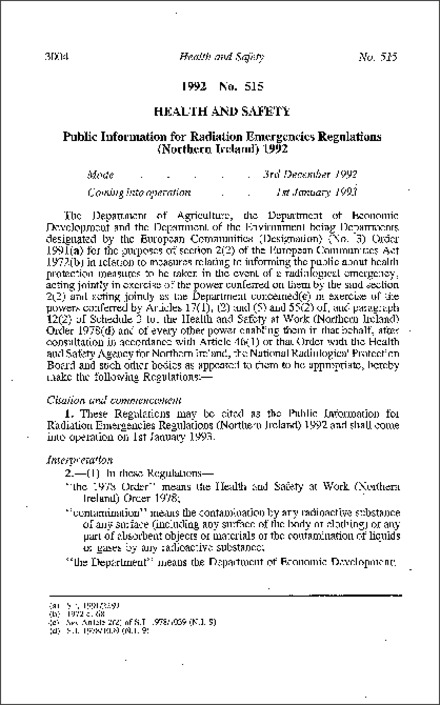 The Public Information for Radiation Emergencies Regulations (Northern Ireland) 1992