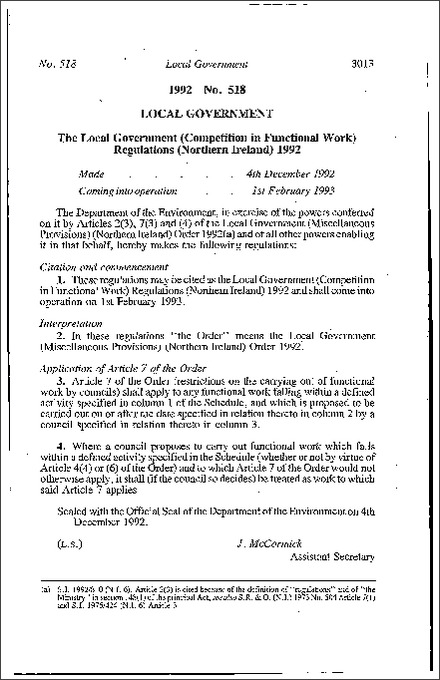 The Local Government (Competition in Functional Work) Regulations (Northern Ireland) 1992