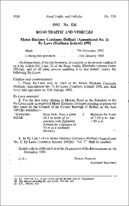 The Motor Hackney Carriages (Belfast) (Amendment No. 2) By-Laws (Northern Ireland) 1992