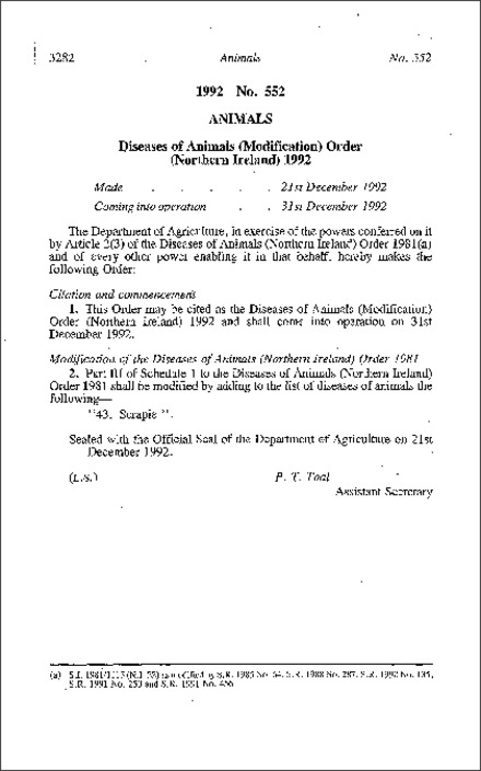 The Diseases of Animals (Modification) Order (Northern Ireland) 1992