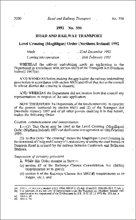 The Level Crossing (Magilligan) Order (Northern Ireland) 1992