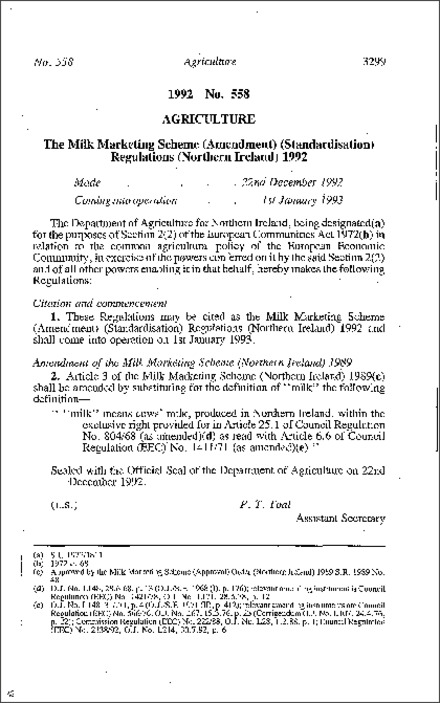 The Milk Marketing Scheme (Amendment) (Standardisation) Regulations (Northern Ireland) 1992