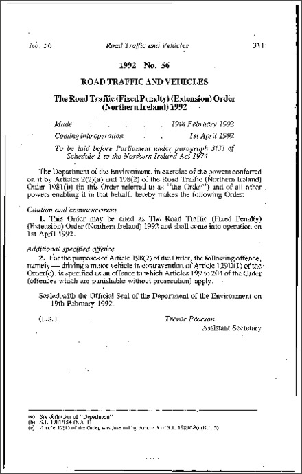 The Road Traffic (Fixed Penalty) (Extension) Order (Northern Ireland) 1992