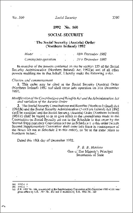 The Social Security (Austria) Order (Northern Ireland) 1992