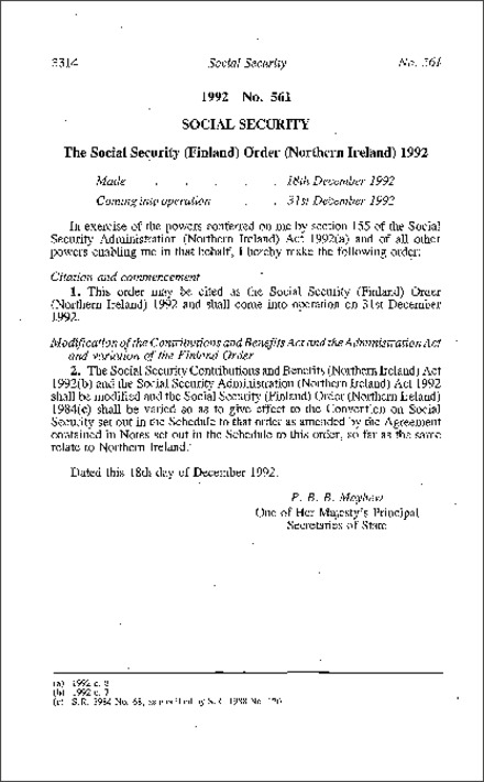 The Social Security (Finland) Order (Northern Ireland) 1992