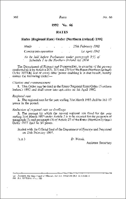 The Rates (Regional Rate) Order (Northern Ireland) 1992