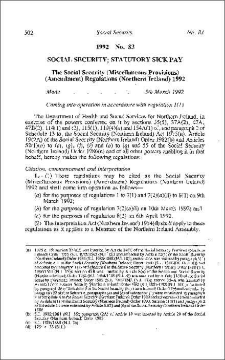 The Social Security (Miscellaneous Provisions) (Amendment) Regulations (Northern Ireland) 1992