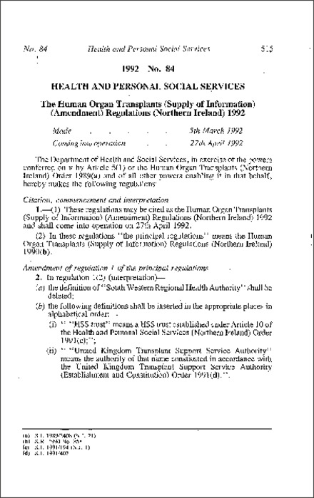 The Human Organ Transplants (Supply of Information) (Amendment) Regulations (Northern Ireland) 1992