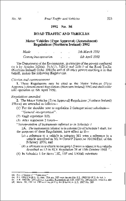 The Motor Vehicles (Type Approval) (Amendment) Regulations (Northern Ireland) 1992