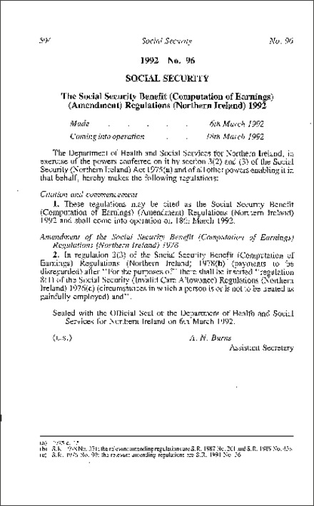 The Social Security Benefit (Computation of Earnings) (Amendment) Regulations (Northern Ireland) 1992